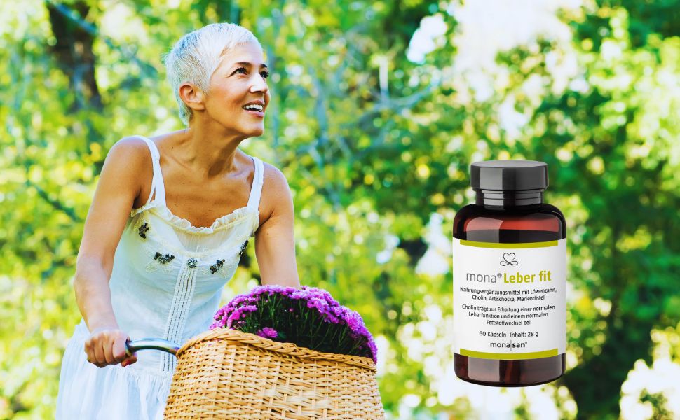 Produktabbildung mona Leber fit mit Frau auf Rad im Grünen