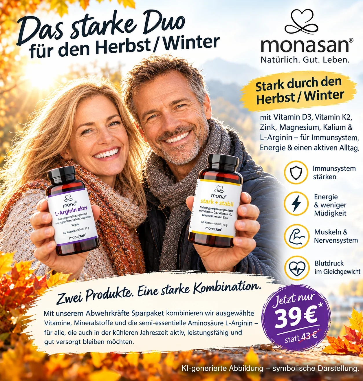 Abwehrkräfte Sparpaket - mona stark + stabil und mona L-Arginin aktiv