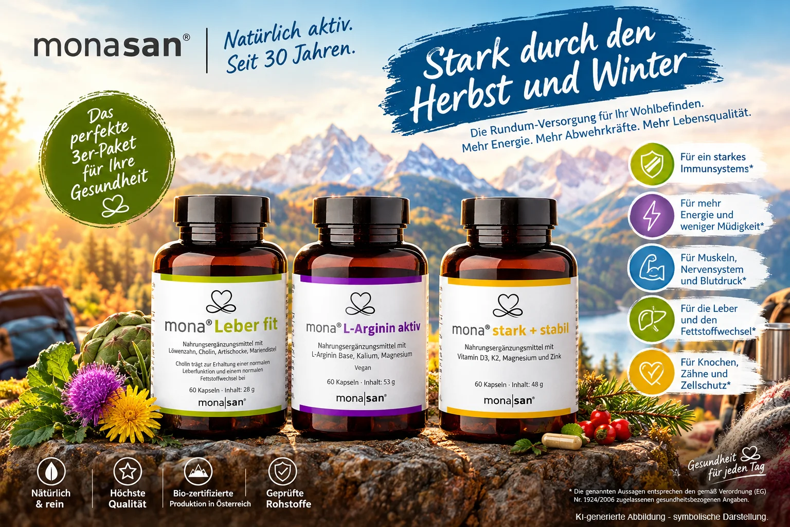 Allrounder Sparpaket - mona Leber fit, mona L-Arginin aktiv und mona stark + stabil